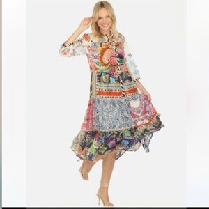 NWT JOHNNY WAS Regia Silk Patchwork Boho Print Split V-Neck Tiered Midi Dress